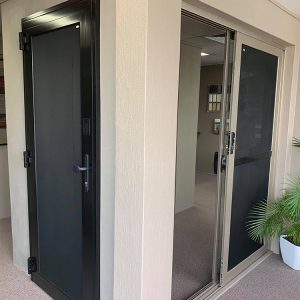 Black Crimsafe security doors on display at Davcon's showroom in Brisbane